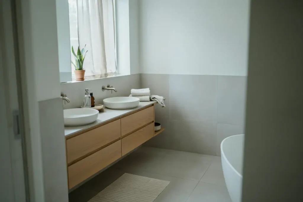badrumsrenovering med dubbelkommod och stora kakelplattor i stuvsta