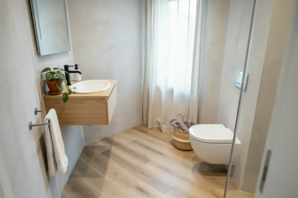 f rdig badrumsrenovering med v ggh ngd wc och ljusa ytskikt i flemingsberg